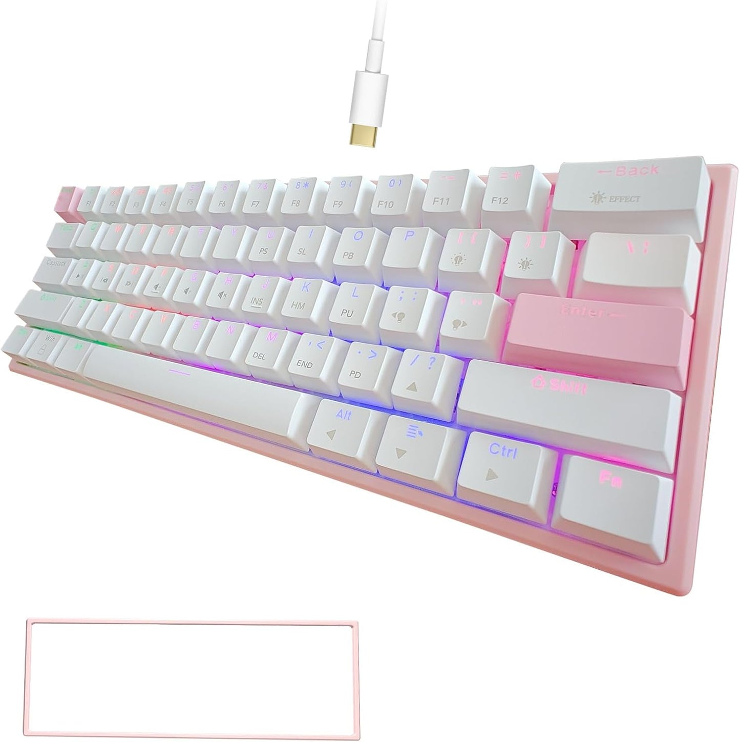 Portable 60% Mechanical Gaming Keyboard LED Backlit Compact 61 Keys Mini Wired Office Keyboard with Blue Switch PBT Keycaps for Windows Laptop PC Mac.(White/Pink)