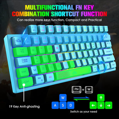 K61 60% Gaming Keyboard Mini Portable with Rainbow RGB Backlit Ergonomic 62Key Layout 19Key Anti-Ghosting Mechanical Feel Waterproof USB Wired for PC Mac Windows Gamer Laptop Typists(Blue)