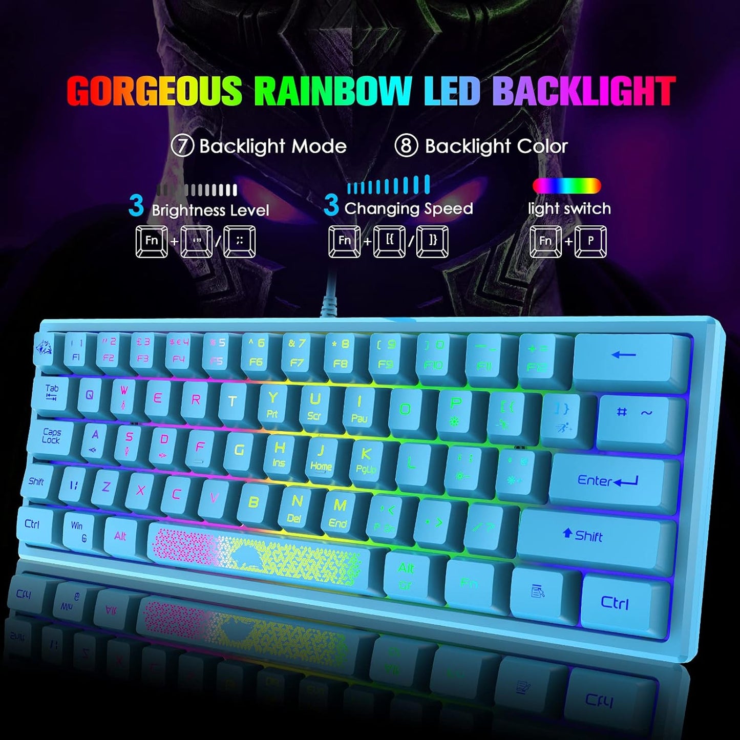 K61 60% Gaming Keyboard Mini Portable with Rainbow RGB Backlit Ergonomic 62Key Layout 19Key Anti-Ghosting Mechanical Feel Waterproof USB Wired for PC Mac Windows Gamer Laptop Typists(Blue)