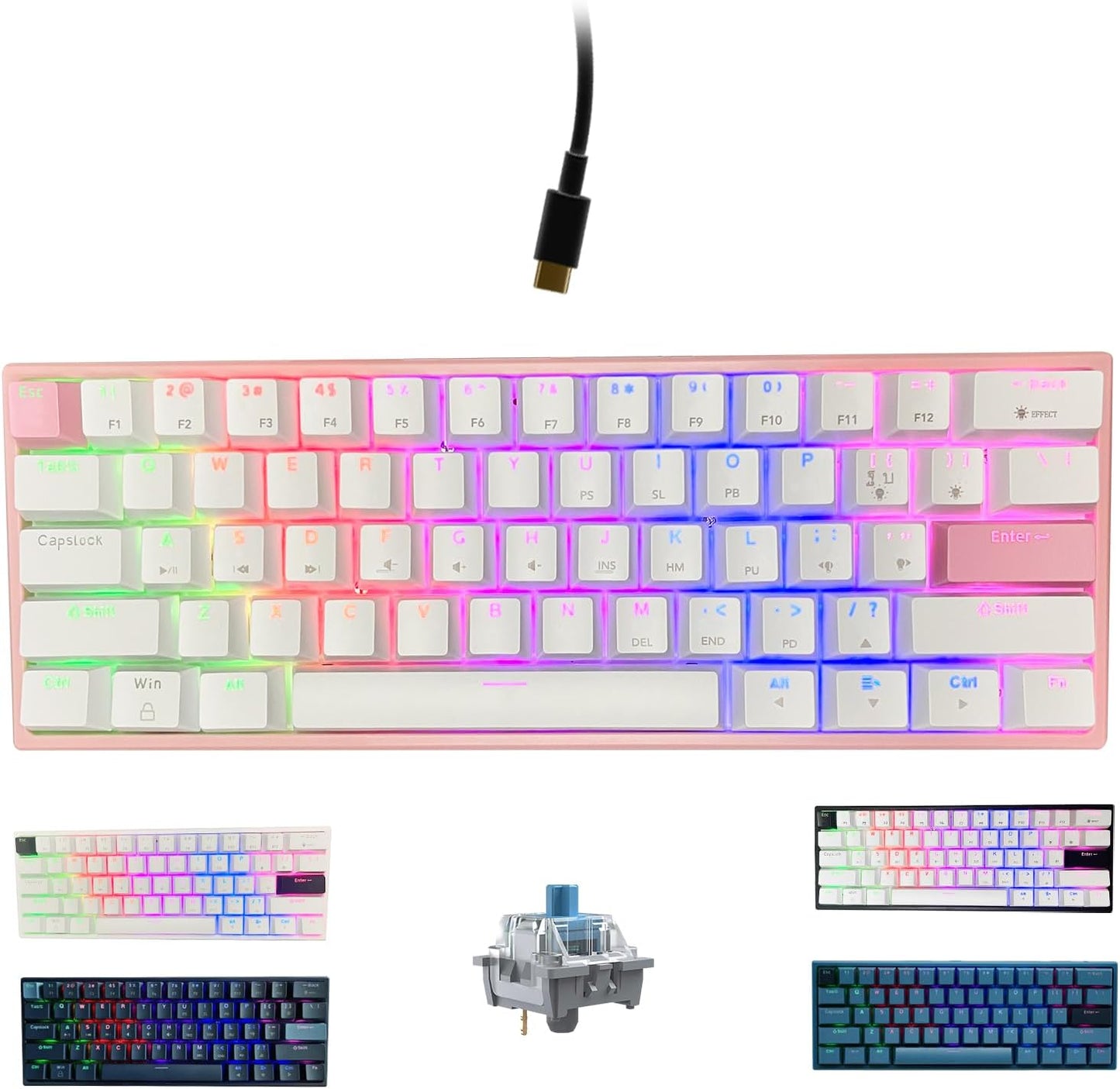 Portable 60% Mechanical Gaming Keyboard LED Backlit Compact 61 Keys Mini Wired Office Keyboard with Blue Switch PBT Keycaps for Windows Laptop PC Mac.（White/Pink）