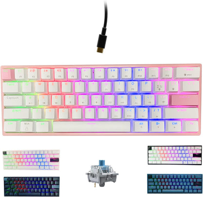 Portable 60% Mechanical Gaming Keyboard LED Backlit Compact 61 Keys Mini Wired Office Keyboard with Blue Switch PBT Keycaps for Windows Laptop PC Mac.（White/Pink）