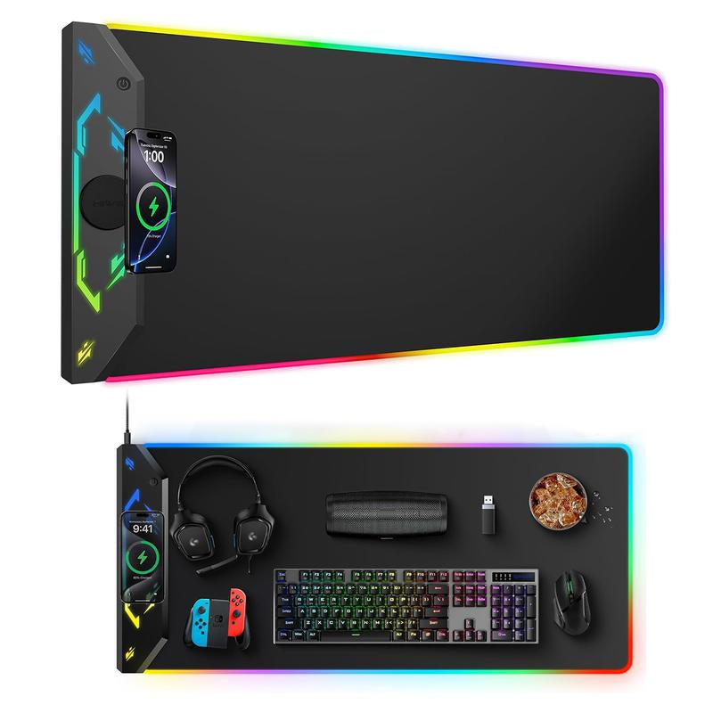 HIWE RGB Gaming Mouse Pad 15W Magnetic Wireless Charging 35X15.8 Extra Large Desk Mat 24 Light Effects Non-Slip Base Waterproof for Gamers