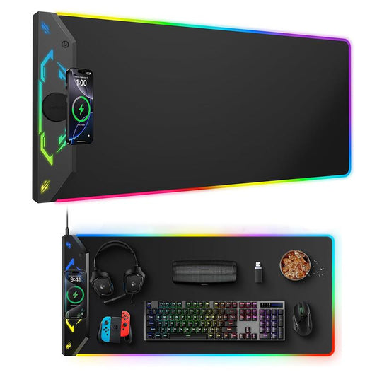 HIWE RGB Gaming Mouse Pad 15W Magnetic Wireless Charging 35X15.8 Extra Large Desk Mat 24 Light Effects Non-Slip Base Waterproof for Gamers