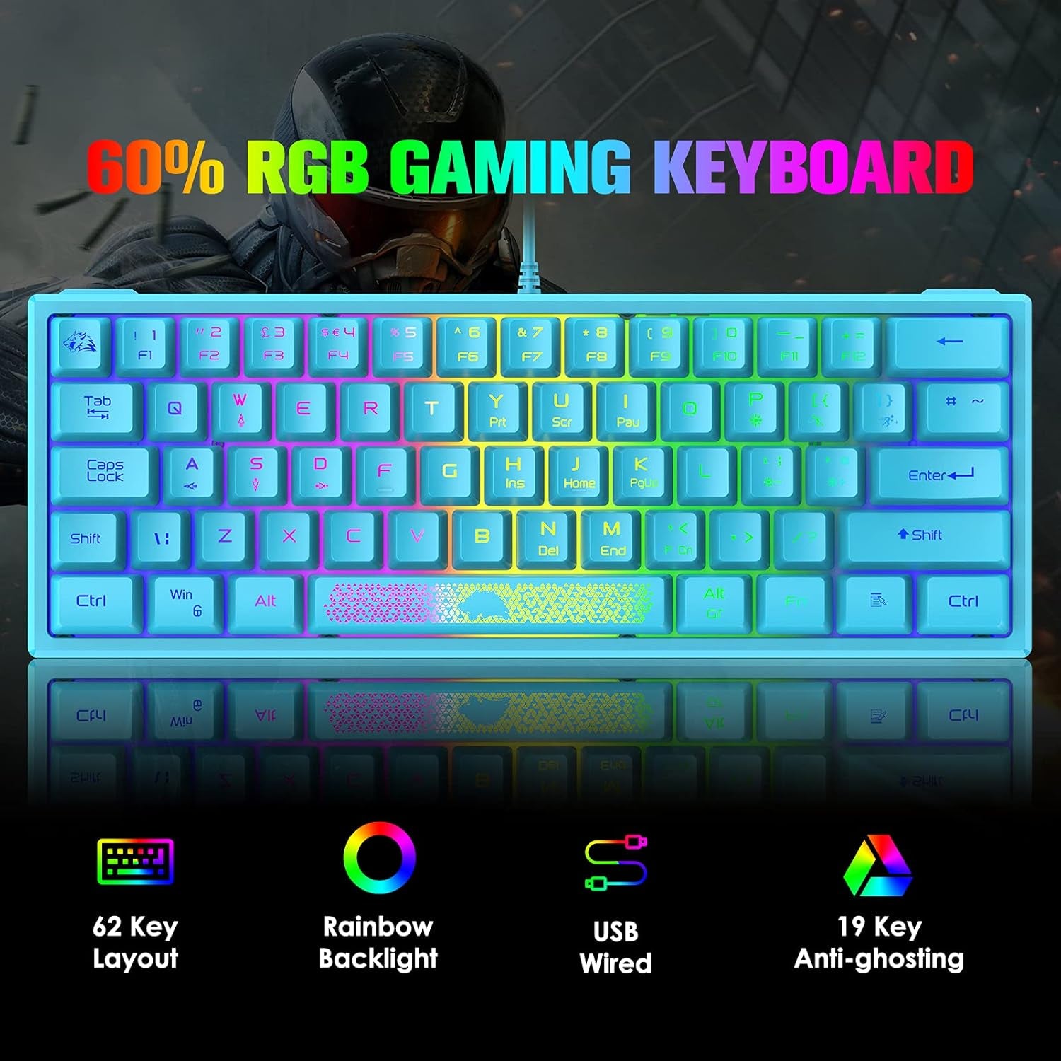 K61 60% Gaming Keyboard Mini Portable with Rainbow RGB Backlit Ergonomic 62Key Layout 19Key Anti-Ghosting Mechanical Feel Waterproof USB Wired for PC Mac Windows Gamer Laptop Typists(Blue)