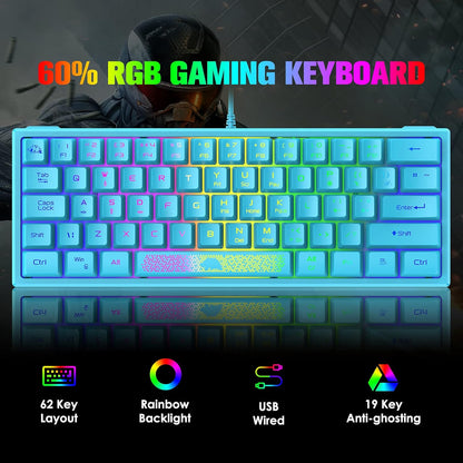 K61 60% Gaming Keyboard Mini Portable with Rainbow RGB Backlit Ergonomic 62Key Layout 19Key Anti-Ghosting Mechanical Feel Waterproof USB Wired for PC Mac Windows Gamer Laptop Typists(Blue)