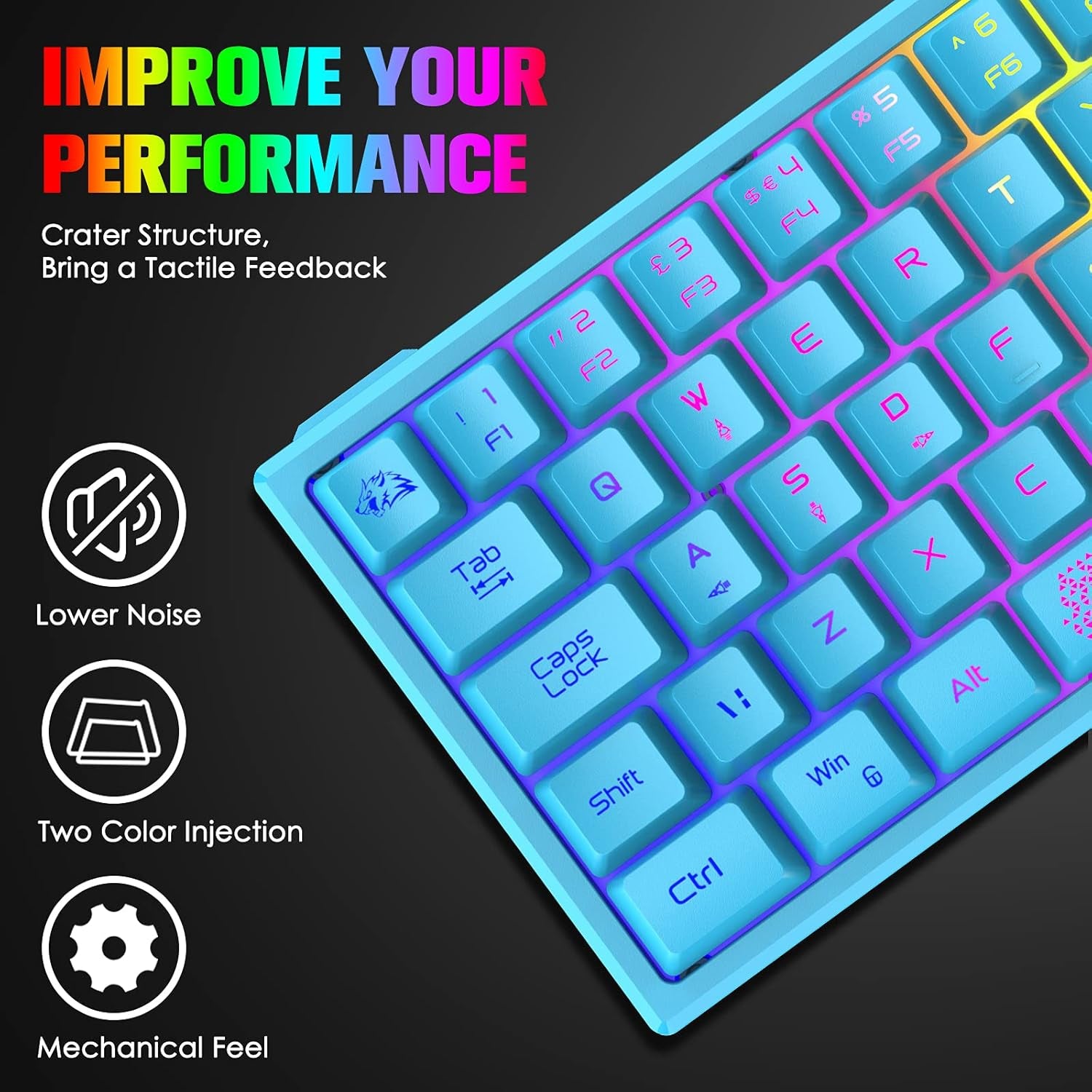 K61 60% Gaming Keyboard Mini Portable with Rainbow RGB Backlit Ergonomic 62Key Layout 19Key Anti-Ghosting Mechanical Feel Waterproof USB Wired for PC Mac Windows Gamer Laptop Typists(Blue)