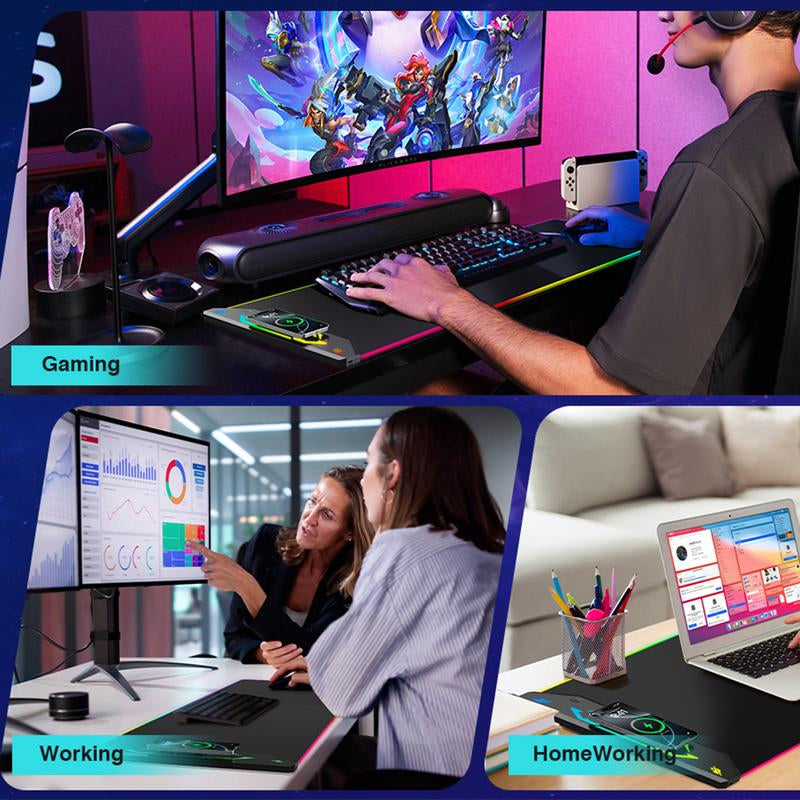 HIWE RGB Gaming Mouse Pad 15W Magnetic Wireless Charging 35X15.8 Extra Large Desk Mat 24 Light Effects Non-Slip Base Waterproof for Gamers