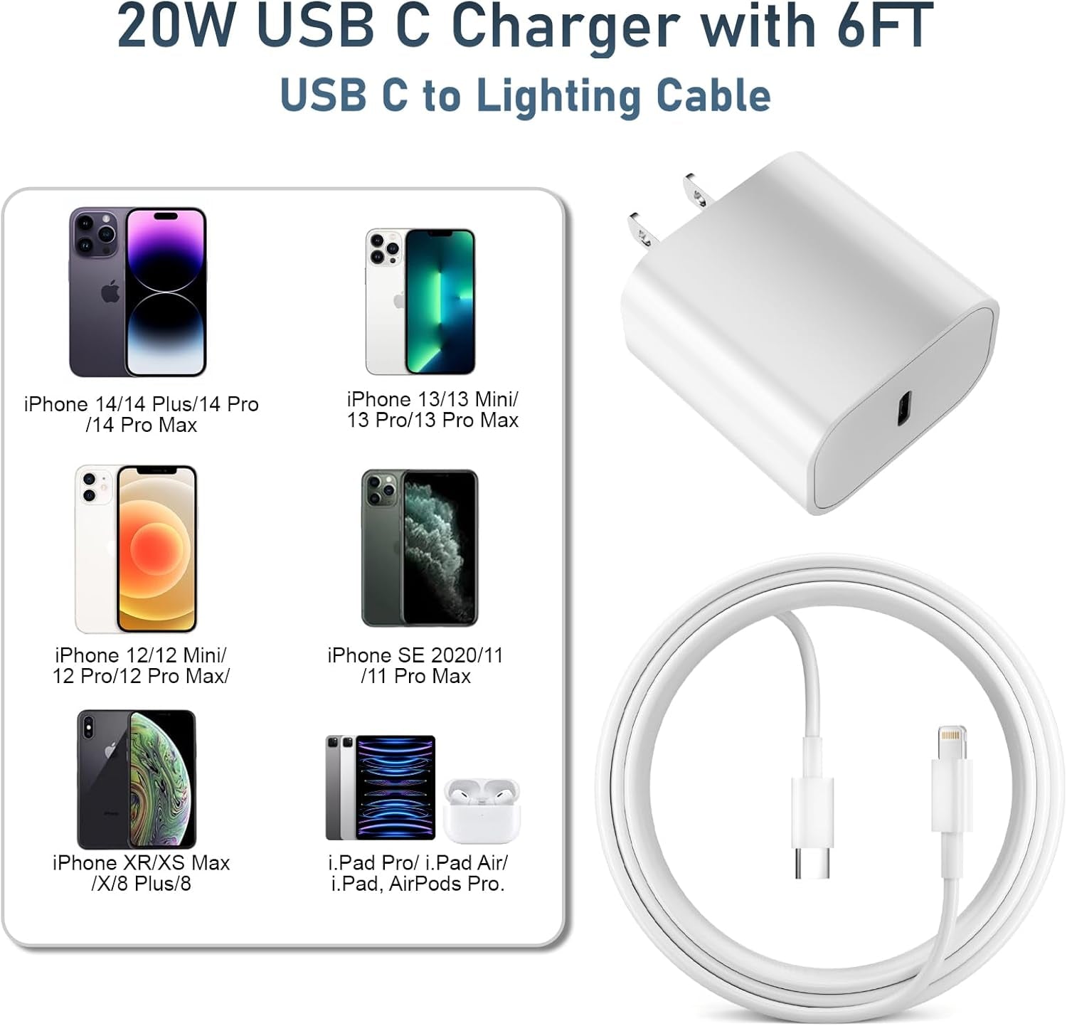 Charger for Phone 14 Fast Charging, 20W USB C Wall Charger Block with 6FT Long Charging Cord Cable for Phone 14 Charger/14/13/12/11/Xr/Xs/X and More (20W Charger-2Pack-6Ft)