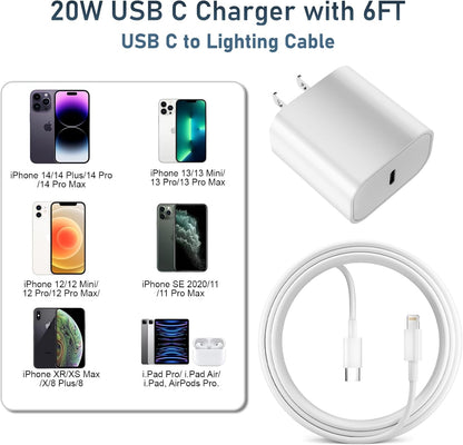 Charger for Phone 14 Fast Charging, 20W USB C Wall Charger Block with 6FT Long Charging Cord Cable for Phone 14 Charger/14/13/12/11/Xr/Xs/X and More (20W Charger-2Pack-6Ft)