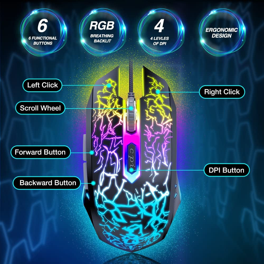 Gaming Mouse Wired, Ergonomic Gamer Laptop PC Optical Computer Mice with RGB Backlit, 4 Adjustable DPI up to 3600, 6 Programmable Buttons for Windows 7/8/10/XP Vista Linux -Black