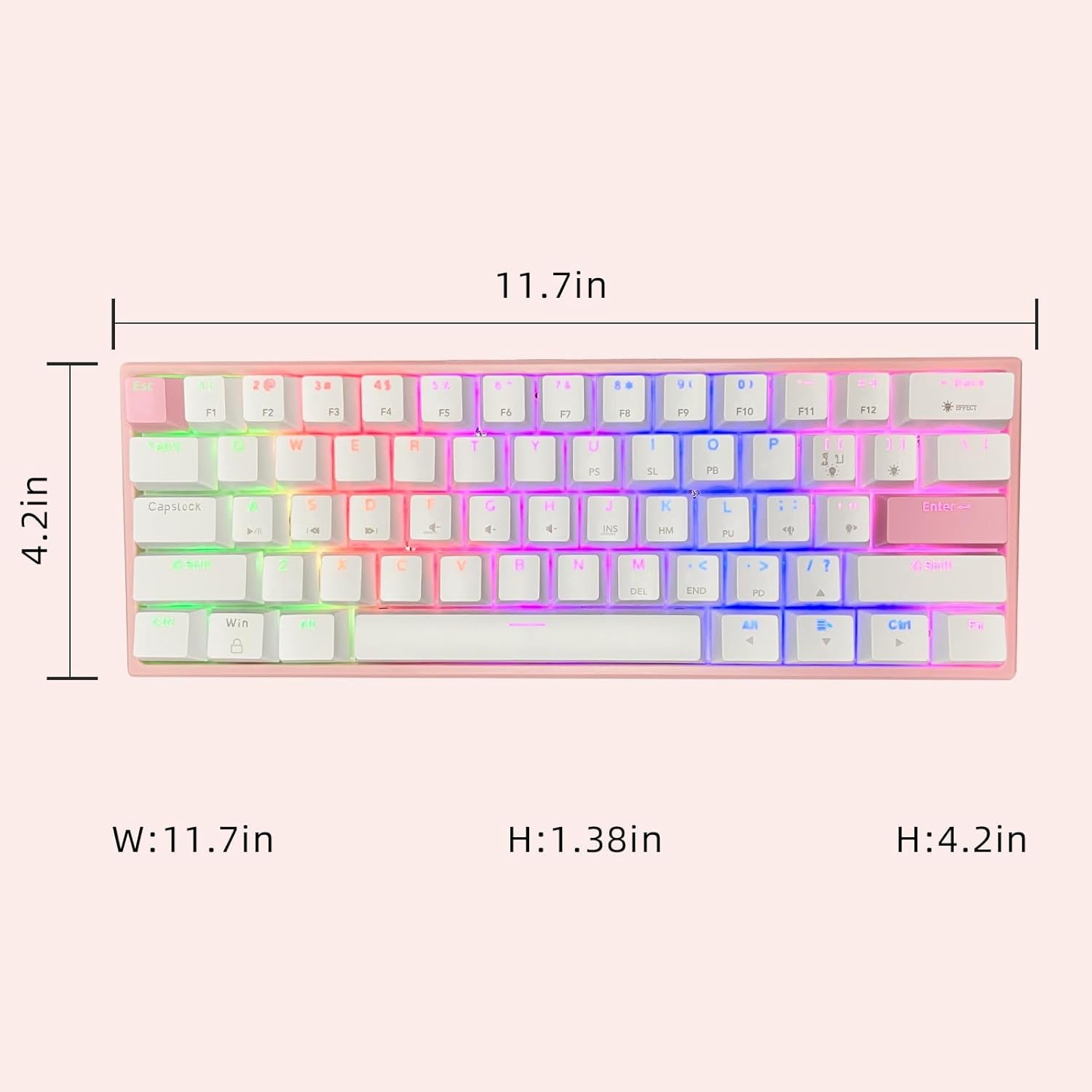 Portable 60% Mechanical Gaming Keyboard LED Backlit Compact 61 Keys Mini Wired Office Keyboard with Blue Switch PBT Keycaps for Windows Laptop PC Mac.（White/Pink）