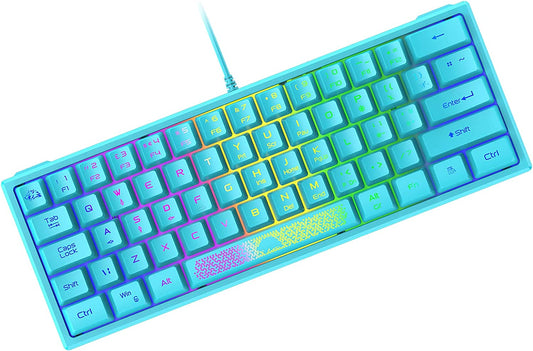K61 60% Gaming Keyboard Mini Portable with Rainbow RGB Backlit Ergonomic 62Key Layout 19Key Anti-Ghosting Mechanical Feel Waterproof USB Wired for PC Mac Windows Gamer Laptop Typists(Blue)