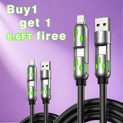 [Buy 1 Get 1 Free]-6.6Ft 4-In-1 USB-C Cable, PD Fast Charging, Data Sync, USB-A, Type-C, Lightning, Aluminum, Compatible