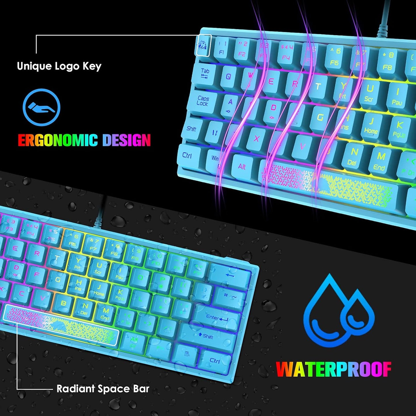 K61 60% Gaming Keyboard Mini Portable with Rainbow RGB Backlit Ergonomic 62Key Layout 19Key Anti-Ghosting Mechanical Feel Waterproof USB Wired for PC Mac Windows Gamer Laptop Typists(Blue)