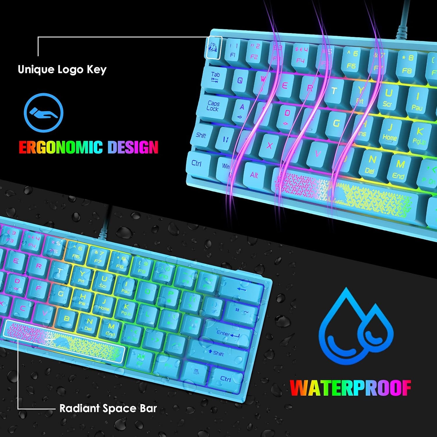 K61 60% Gaming Keyboard Mini Portable with Rainbow RGB Backlit Ergonomic 62Key Layout 19Key Anti-Ghosting Mechanical Feel Waterproof USB Wired for PC Mac Windows Gamer Laptop Typists(Blue)