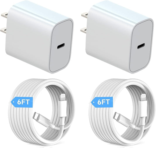 Charger for Phone 14 Fast Charging, 20W USB C Wall Charger Block with 6FT Long Charging Cord Cable for Phone 14 Charger/14/13/12/11/Xr/Xs/X and More (20W Charger-2Pack-6Ft)