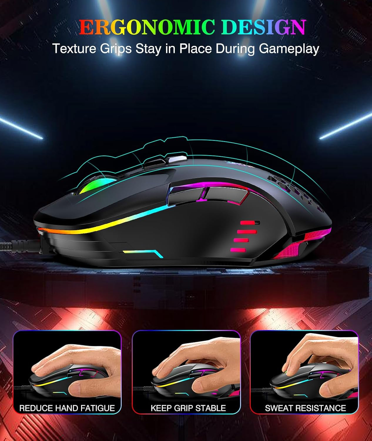 Wired PC Gaming Mouse: High Precision Sensor,Rgb Backlit, Adjustable DPI, 7 Buttons Programmable,Ergonomic Mice for Office & Gaming on Windows/Mac/Linux/Chrome-Black