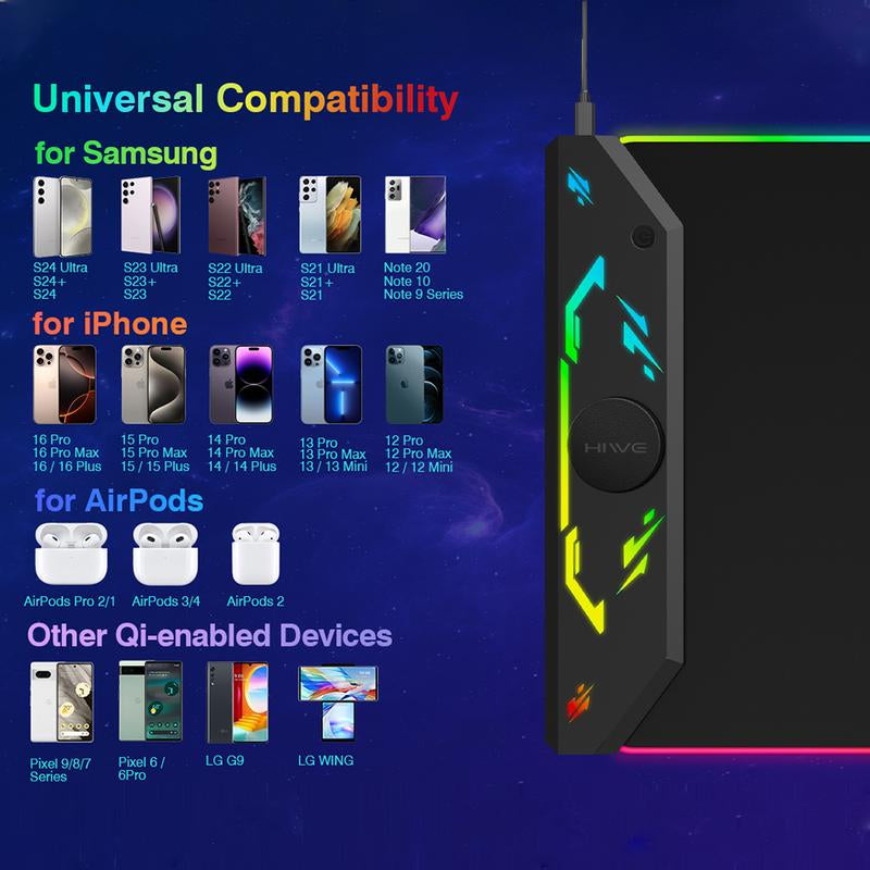 HIWE RGB Gaming Mouse Pad 15W Magnetic Wireless Charging 35X15.8 Extra Large Desk Mat 24 Light Effects Non-Slip Base Waterproof for Gamers