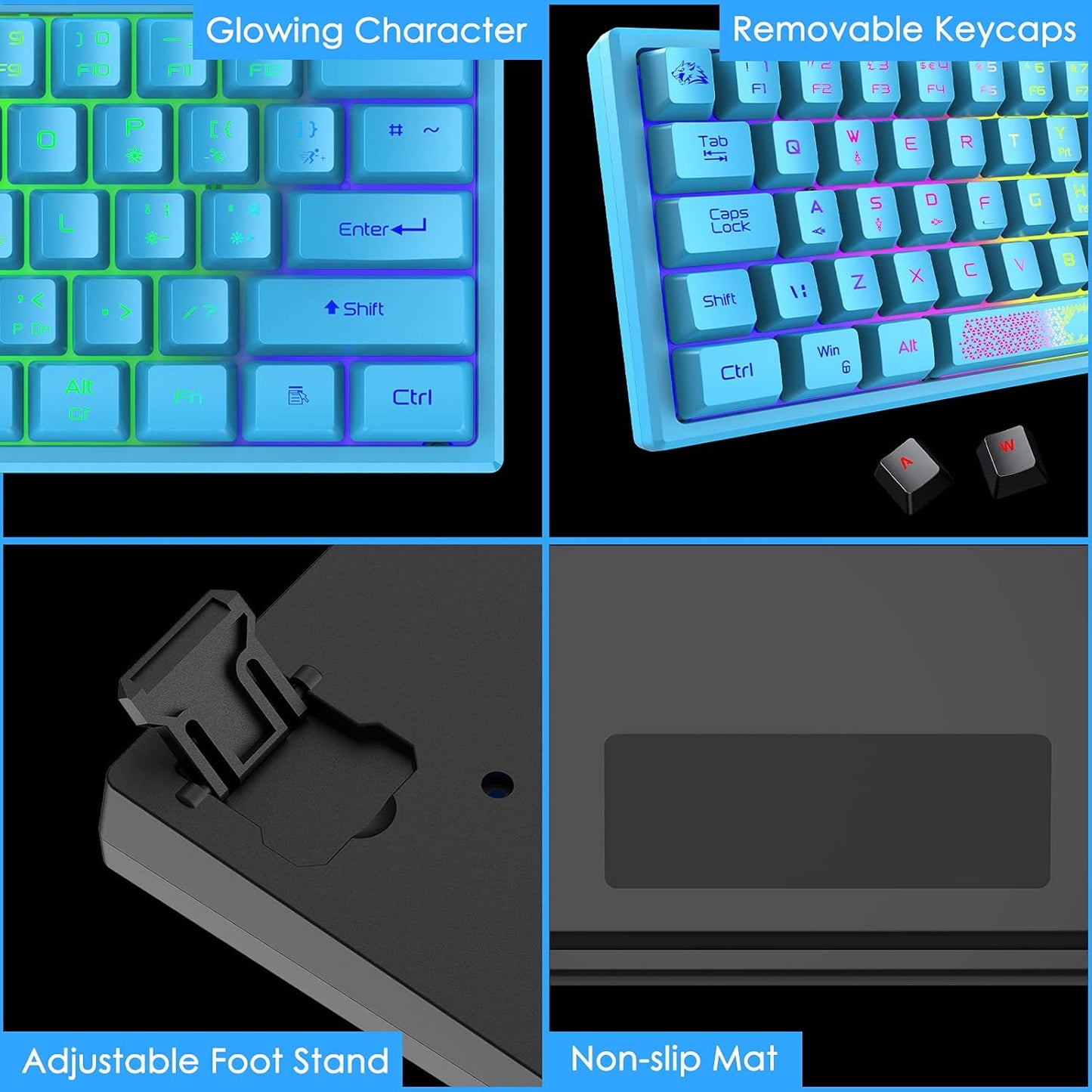 K61 60% Gaming Keyboard Mini Portable with Rainbow RGB Backlit Ergonomic 62Key Layout 19Key Anti-Ghosting Mechanical Feel Waterproof USB Wired for PC Mac Windows Gamer Laptop Typists(Blue)