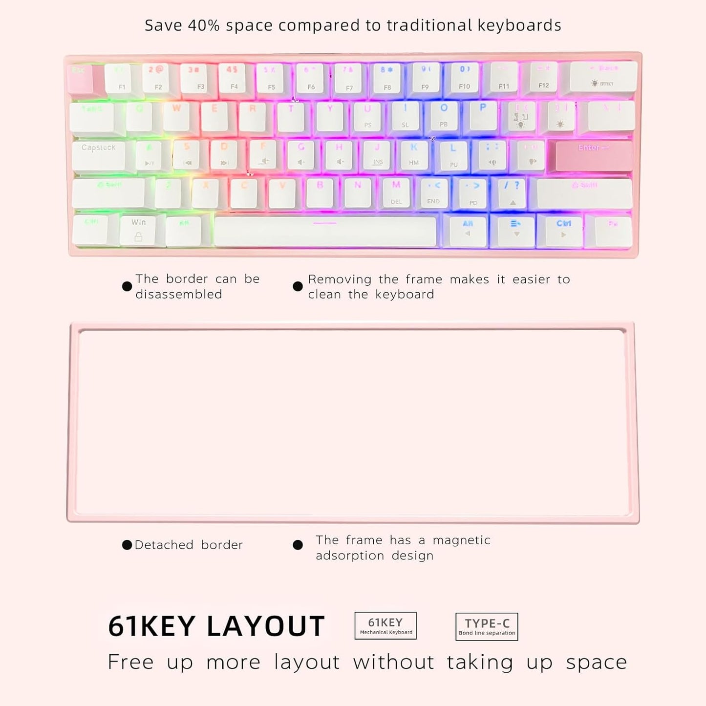 Portable 60% Mechanical Gaming Keyboard LED Backlit Compact 61 Keys Mini Wired Office Keyboard with Blue Switch PBT Keycaps for Windows Laptop PC Mac.（White/Pink）