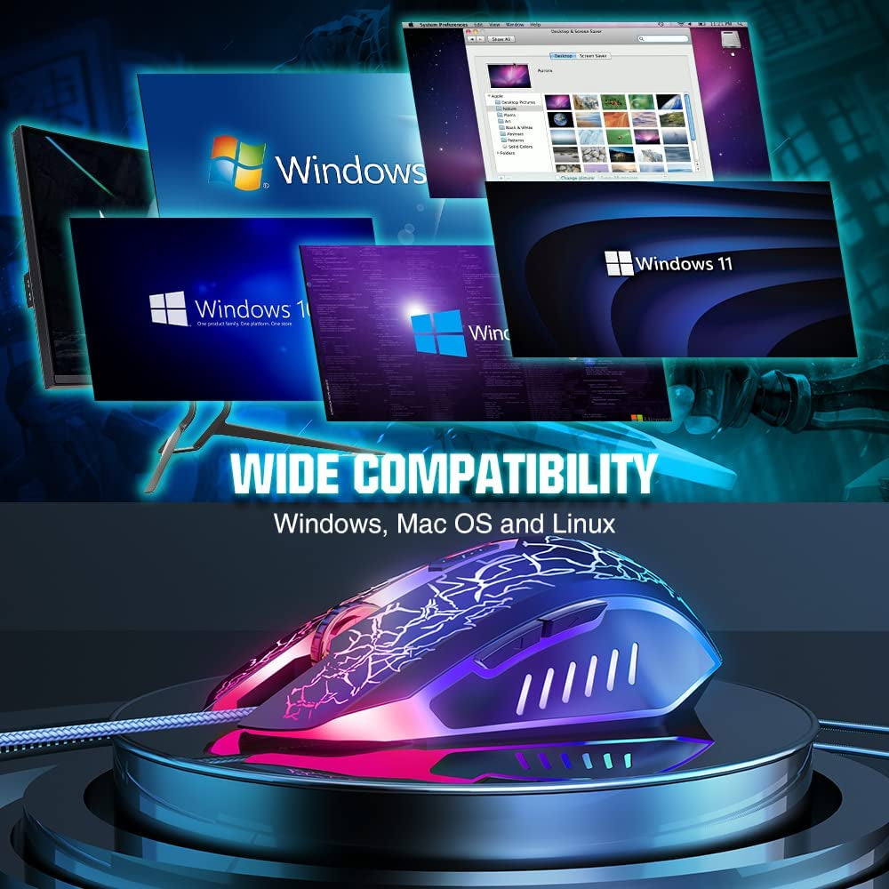 Gaming Mouse Wired, Ergonomic Gamer Laptop PC Optical Computer Mice with RGB Backlit, 4 Adjustable DPI up to 3600, 6 Programmable Buttons for Windows 7/8/10/XP Vista Linux -Black