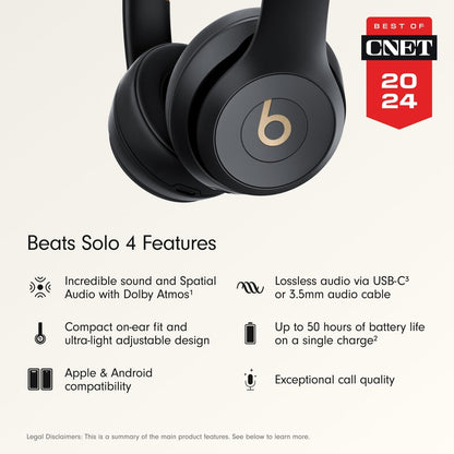 Solo 4 - Wireless On-Ear Bluetooth Headphones, up to 50-Hour Battery Life, Ultra-Lightweight Comfort, Powerful and Balanced Sound, Apple & Android Compatible - Black & Gold