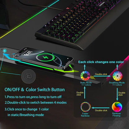 HIWE RGB Gaming Mouse Pad 15W Magnetic Wireless Charging 35X15.8 Extra Large Desk Mat 24 Light Effects Non-Slip Base Waterproof for Gamers