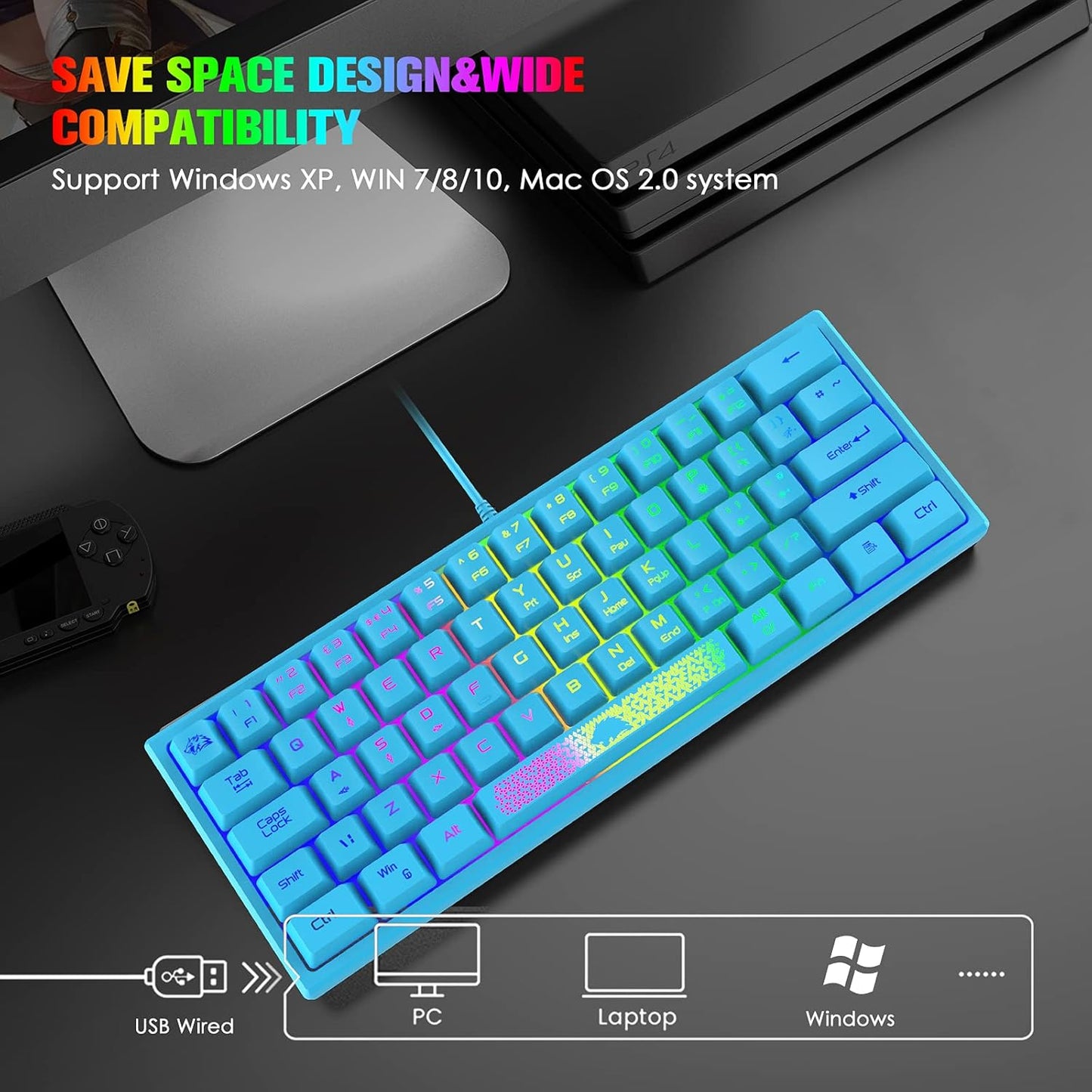 K61 60% Gaming Keyboard Mini Portable with Rainbow RGB Backlit Ergonomic 62Key Layout 19Key Anti-Ghosting Mechanical Feel Waterproof USB Wired for PC Mac Windows Gamer Laptop Typists(Blue)
